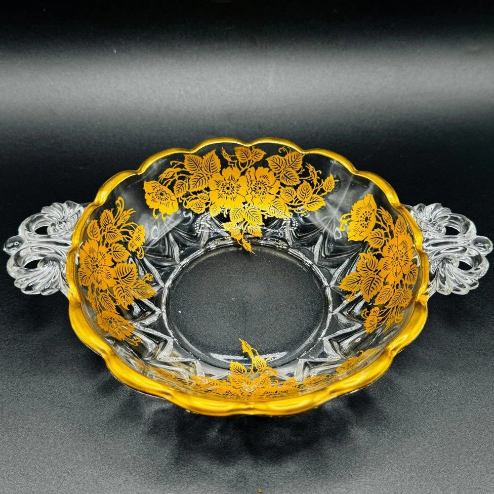 Vintage Gold Encrusted Floral Glass Candy Dish and Bonbon Bowl Hollywood Regency